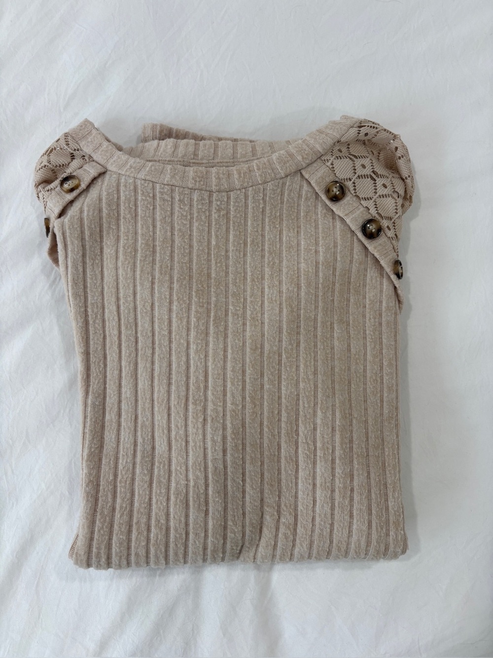 Neutral Ribbed Crewneck Sweater with Button-Shoulder Detail